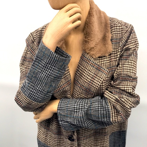 🆕 Mystree-Buckle Trench Coat Plaid Dark Academia Colorblock Faux Fur Collar - Picture 3 of 16